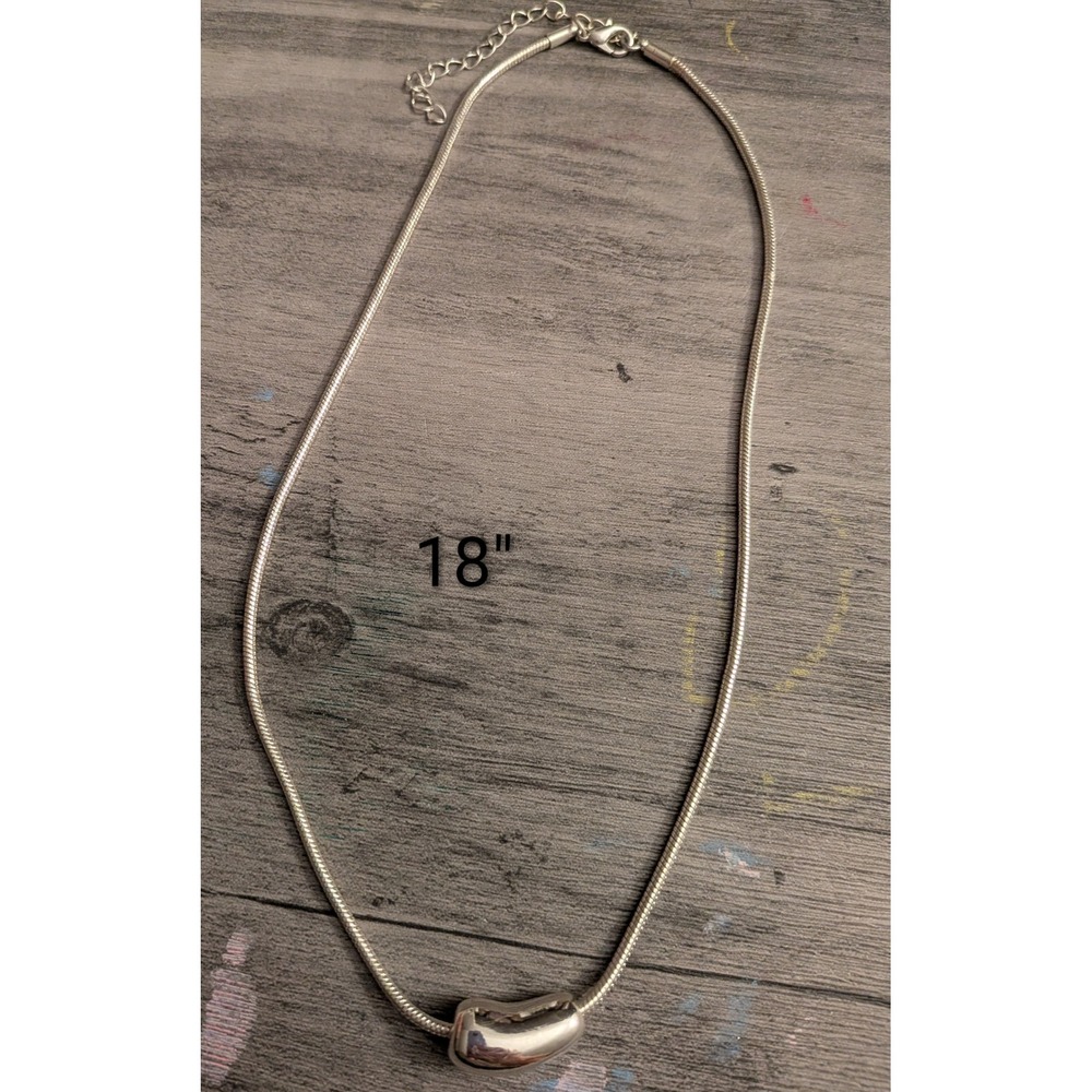 Silver Tone Snake Chain Bean Pendant Necklace 18 Inch Minimalist Jewelry